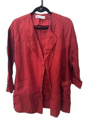 Zara long sleeve red linen blazer with front pockets with open front women S